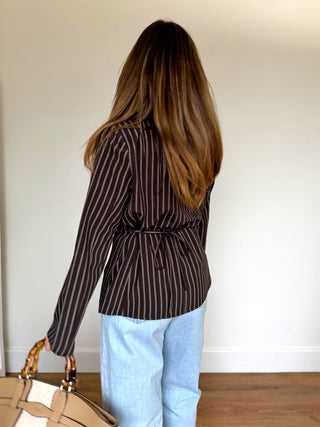 Waist Tie Striped Shirt / Brown