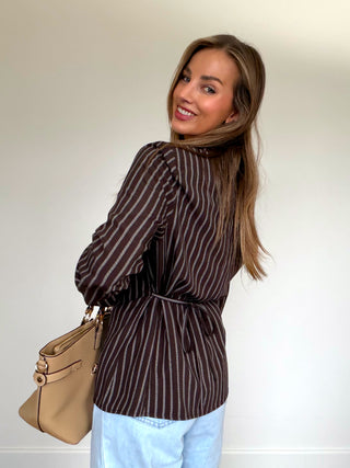 Waist Tie Striped Shirt / Brown