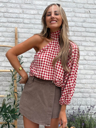 Gingham One Shoulder Blouse / Red