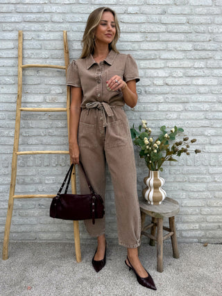 Washed Denim Jumpsuit / Taupe
