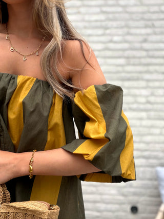 Striped Off-Shoulder Top / Khaki-Mustard