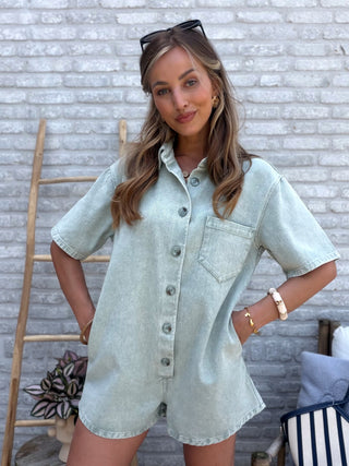 Denim Buttoned Playsuit / Khaki