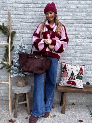 Stripe Scarf Cardigan / Pink-Bordeaux