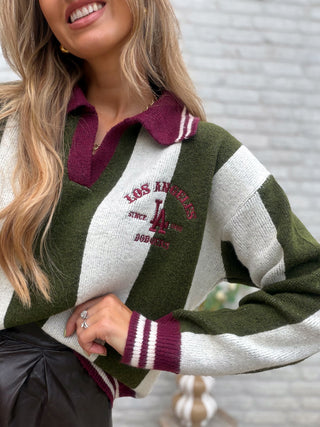 Stripe V-Neck Knit / Khaki-Bordeaux
