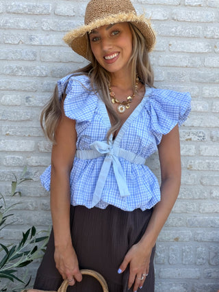 Gingham Ruffle Top / Blue