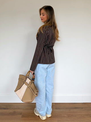 Waist Tie Striped Shirt / Brown