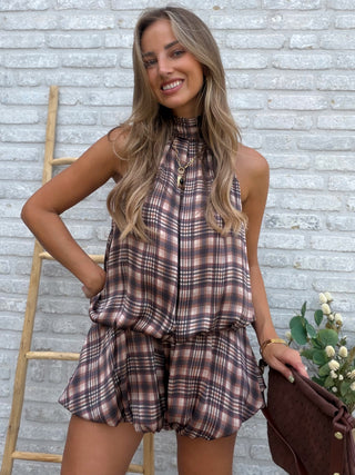 Checked Halter Dress / Brown