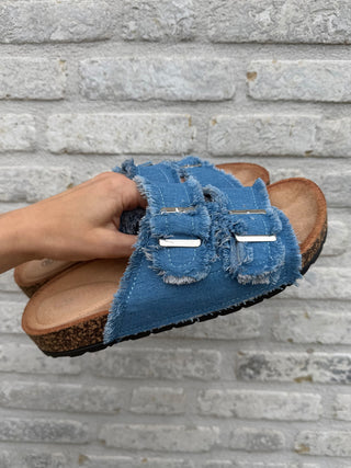 Denim Buckle Slides / Blue