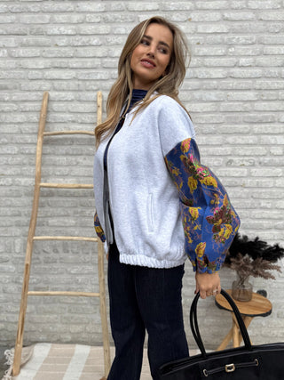 Statement Bomber Sweater / Grey-Cobalt Blue