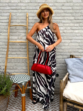 Zebra One Shoulder Maxi Dress / Brown-White