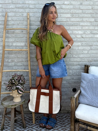 One Shoulder Puff Top / Olive green