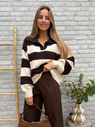 Wide Stripe Polo Knit / Beige-Brown