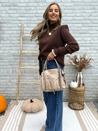 Padded Shoulder Cable Knit / Brown