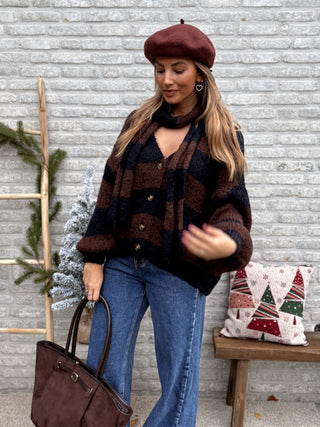 Stripe Scarf Cardigan / Taupe-Brown