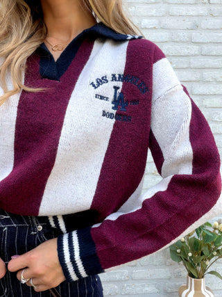 Stripe V-Neck Knit / Bordeaux-Dark Blue