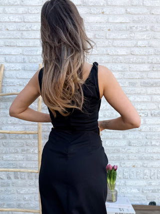 Linen Cut-Out Midi Dress / Black