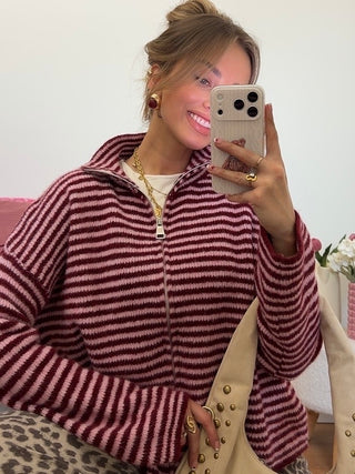 Striped Zip Knit Cardigan / Pink-Bordeaux