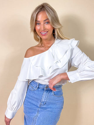 One Shoulder Ruffle Top / White