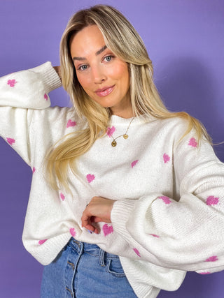 Knitted Loose Heart Sweater / Wit - Pink