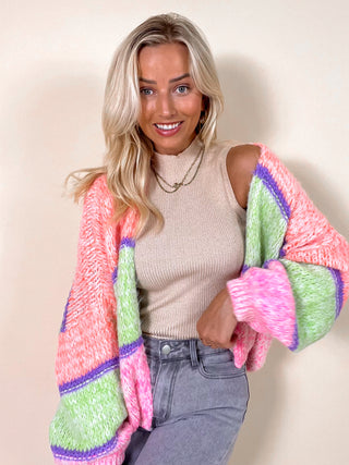 Heavy Knitted Open Cardigan / Green - Pink