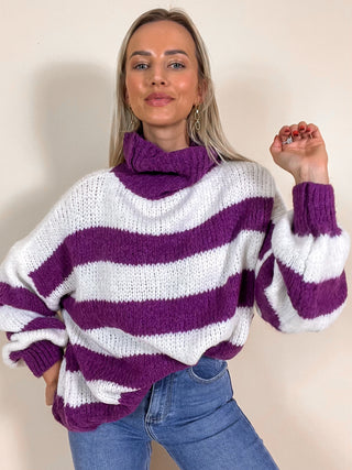 Striped Turtleneck Sweater / Purple-White