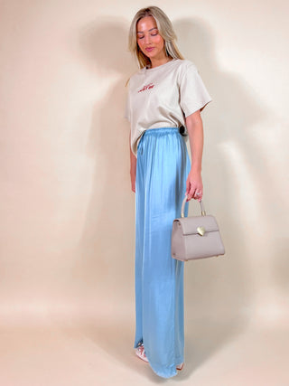 Loose Wide Ruffled Satin Trouser / Blue