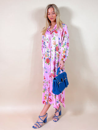 Satin Maxi Floral Dress / Pink-Multi