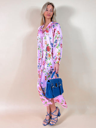 Satin Maxi Floral Dress / Pink-Multi