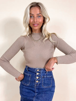 High Neck Ribbed Knitted Top / Taupe