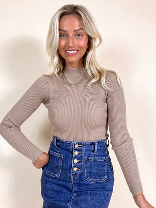 High Neck Ribbed Knitted Top / Taupe