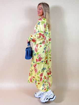 Satin Maxi Floral Dress / Yellow-Multi