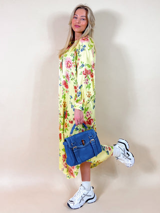 Satin Maxi Floral Dress / Yellow-Multi