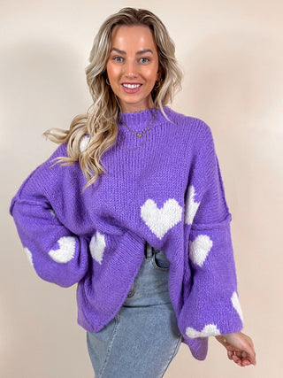 Oversized Heart Sweater / Purple-White