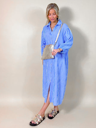 Maxi Buttoned Striped Cotton Dress / Blue-White