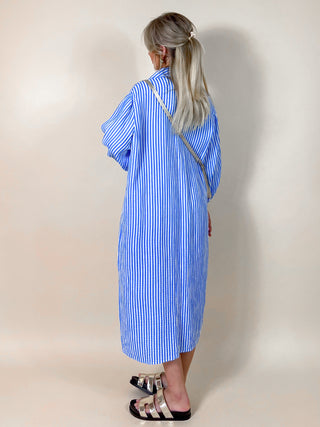 Maxi Buttoned Striped Cotton Dress / Blue-White