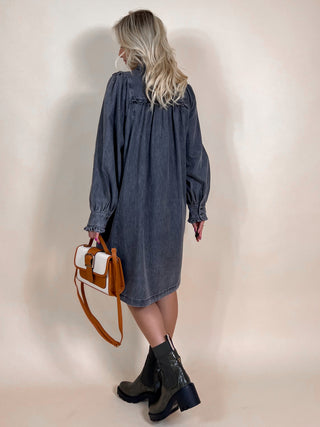 Puff Sleeve Denim Dress / Grey