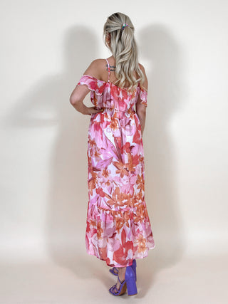 Floral Off-Shoulder Maxi Dress / Multi Pink