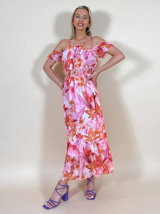 Floral Off-Shoulder Maxi Dress / Multi Pink