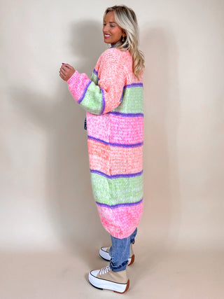 Heavy Knitted Long Cardigan / Pink - Green