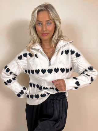 Heart Zipper Sweater / Black - White