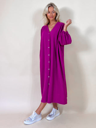 Balloon Sleeve Button Detail Maxi Dress / Purple