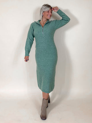 Zip Detail Knitted Dress / Khaki Green