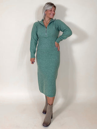 Zip Detail Knitted Dress / Khaki Green