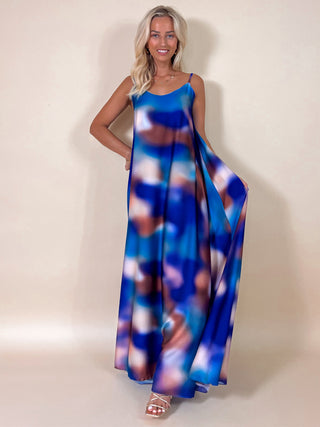 Strap Maxi Satin Dress / Patterned - Blue