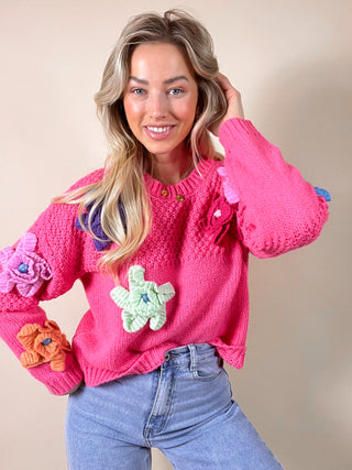 Knitted Blooming Detailed Sweater / Fuchsia - Multi