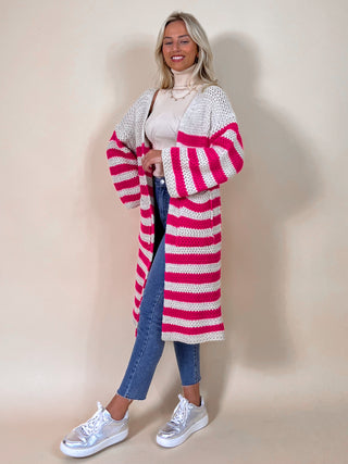 Striped Knitted Long Cardigan / Fuchsia - White
