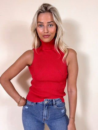 Roll Neck Sleeveless Top / Red