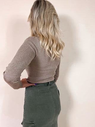 Glitter Long Sleeve Turtleneck Top / Taupe