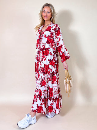 Maxi Flowy Floral Dress / Red-White