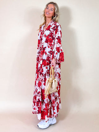 Maxi Flowy Floral Dress / Red-White